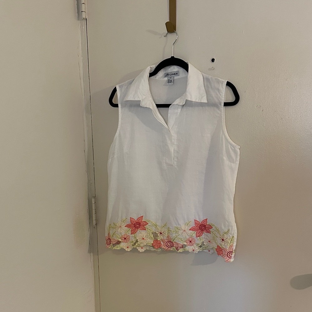 Linen White Sleeveless Blouse with Pink Floral Embroidery. Resort, Coastal,